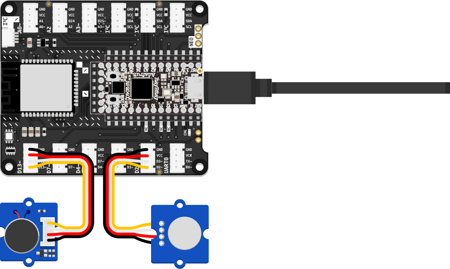 Illustration of the proper setup of touch sensor and vibration motor with the ItsyBitsy